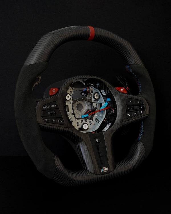 BMW Alcantara Flat Bottom Black N Red Matte Dry Carbon Fiber Steering Wheel for G/F Chassis- CARBONE Signature Design for G20 G30 G80 G82 G87 M2 M3 M4 M2 M340i