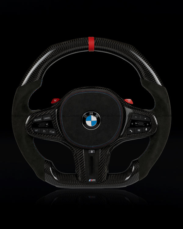 BMW Alcantara Flat Bottom Black N Red Gloss Carbon Fiber Steering Wheel for G/F Chassis- CARBONE Signature Design for F90 M5 M8 X5 X6 M850i M840i M550I M540i