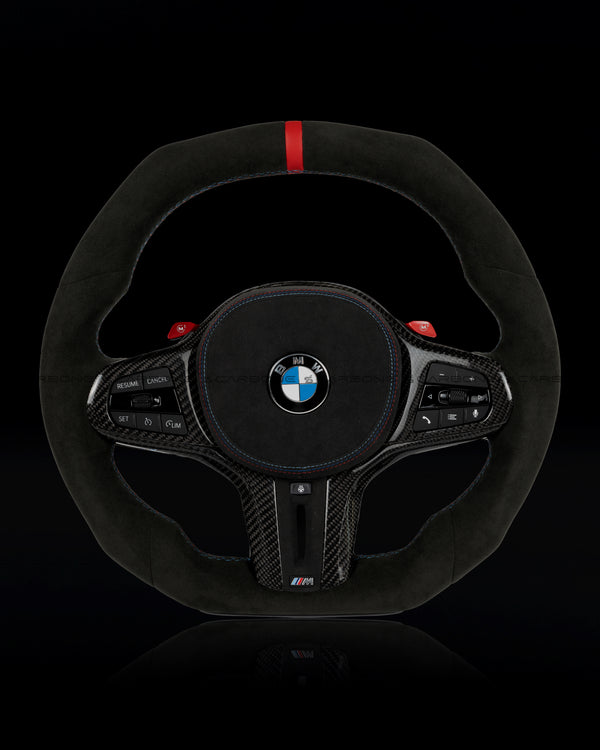 Volante BMW Alcantara de fibra de carbono brillante con rayas rojas y fondo plano para chasis G/F - Diseño exclusivo de CARBONE para F90 M5 M8 X5 X6 M850i ​​M840i M550 M540i 