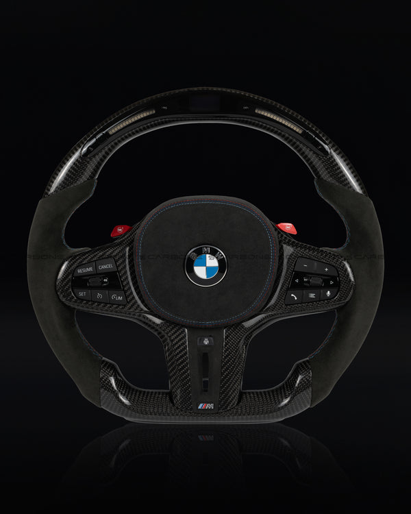 BMW LED Display Alcantara Flat Bottom Black N Red Gloss Carbon Fiber Steering Wheel for G/F Chassis- CARBONE Signature Design for G20 G30 G80 G82 G87 M2 M3 M4 M2 M340i