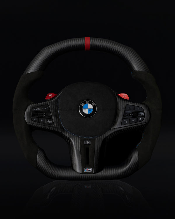 BMW Alcantara Flat Bottom Black N Red Matte Dry Carbon Fiber Steering Wheel for G/F Chassis- CARBONE Signature Design for G20 G30 G80 G82 G87 M2 M3 M4 M2 M340i