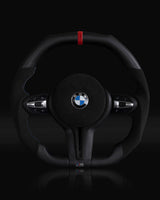 BMW Alcantara Flat Bottom Black N Red Matte Dry Carbon Fiber Steering Wheel for F Chassis- CARBONE Signature Design for F30 F32 F80 F82 M3 M4 M2 335i 340i 328i 440i 435i