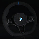 BMW Alcantara Flat Bottom LCI Steering Wheel for G/F Chassis- CARBONE LCI Blue CS Signature Design for G20 G30 G80 G82 G87 M2 M3 M4 M2 M5 M8 M340i - CARBONE