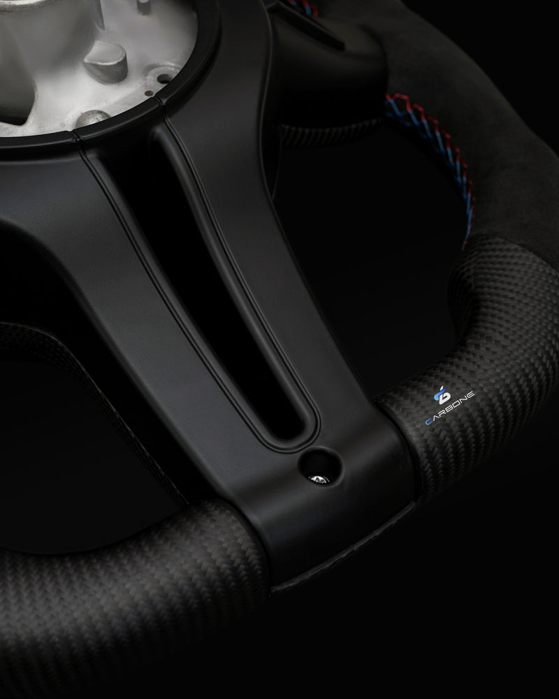 BMW Alcantara Flat Bottom Black N Red Matte Dry Carbon Fiber Steering Wheel for F Chassis- CARBONE Signature Design for F30 F32 F80 F82 M3 M4 M2 335i 340i 328i 440i 435i