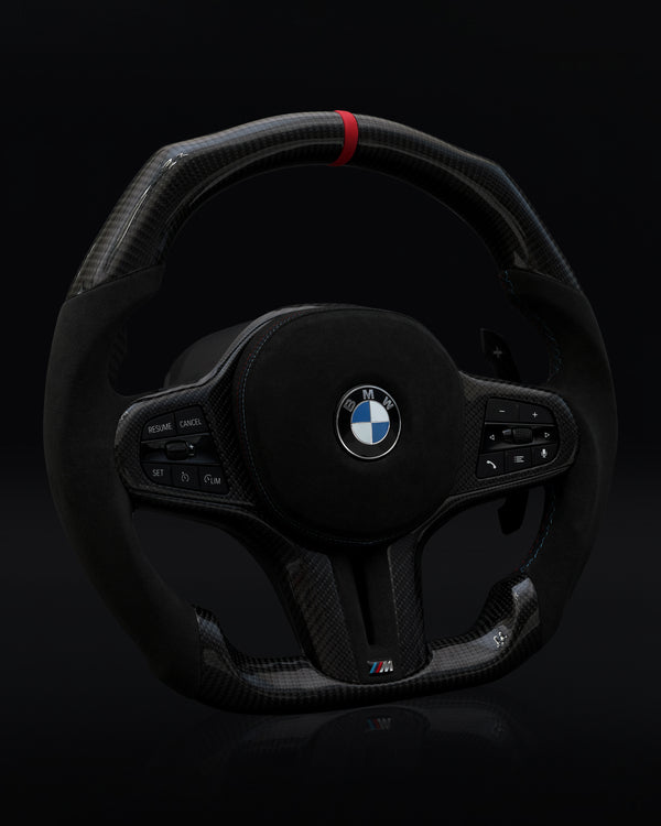 BMW Alcantara Flat Bottom Black N Red Gloss Carbon Fiber Steering Wheel for G/F Chassis- CARBONE Signature Design for F90 M5 M8 X5 X6 M850i M840i M550 M540i