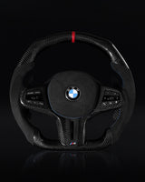 BMW Alcantara Flat Bottom Black N Red Gloss Carbon Fiber Steering Wheel for G/F Chassis- CARBONE Signature Design for F90 M5 M8 X5 X6 M850i M840i M550 M540i