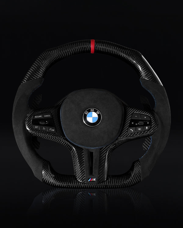 BMW Alcantara Flat Bottom Black N Red Gloss Carbon Fiber Steering Wheel for G/F Chassis- CARBONE Signature Design for G20 G30 G80 G82 G87 M2 M3 M4 M2 M340i