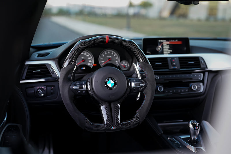 BMW Alcantara Flat Bottom Black N Red Gloss Carbon Fiber Steering Wheel for F Chassis- CARBONE Signature Design for F30 F32 F80 F82 M3 M4 M2 335i 340i 328i 440i 435i