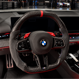 Volant en fibre de carbone brillant à rayures rouges à fond plat BMW Alcantara pour châssis G/F - Design Signature CARBONE pour F90 M5 M8 X5 X6 M850i ​​M840i M550 M540i 