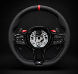 BMW Alcantara Volant en fibre de carbone sec mat à fond plat à rayures rouges pour châssis G/F - Design Signature CARBONE pour F90 M5 M8 X5 X6 M850i ​​M840i M550 M540i 