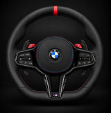 Volante de fibra de carbono seco mate con rayas rojas de fondo plano BMW Alcantara para chasis G/F - Diseño exclusivo de CARBONE para F90 M5 M8 X5 X6 M850i ​​M840i M550 M540i 