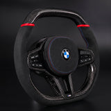 Volant en fibre de carbone brillant à rayures rouges à fond plat BMW Alcantara pour châssis G/F - Design Signature CARBONE pour F90 M5 M8 X5 X6 M850i ​​M840i M550 M540i 