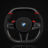 Volant en fibre de carbone brillant à rayures rouges à fond plat BMW Alcantara pour châssis G/F - Design Signature CARBONE pour F90 M5 M8 X5 X6 M850i ​​M840i M550 M540i 