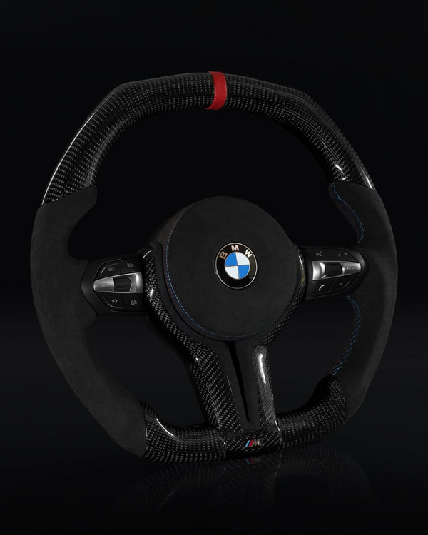 CARBONEBMW Alcantara Flat Bottom Black N Red Gloss Carbon Fiber Steering Wheel for F Chassis - CARBONE Signature Design for F30 F32 F80 F82 M3 M4 M2 335i 340i 328i 440i 435iCarbon Fiber Steering Wheel