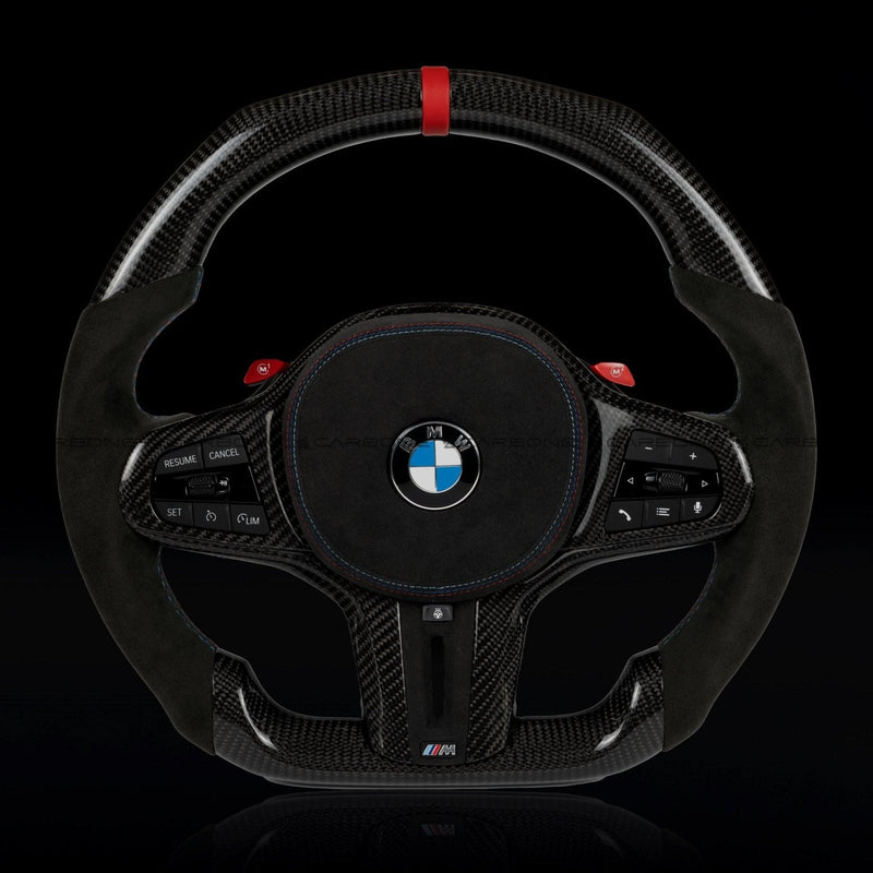 CARBONEBMW Alcantara Flat Bottom Black N Red Gloss Carbon Fiber Steering Wheel for G/F Chassis - CARBONE Signature Design for F90 M5 M8 X5 X6 M850i M840i M550I M540iCarbon Fiber Steering Wheel