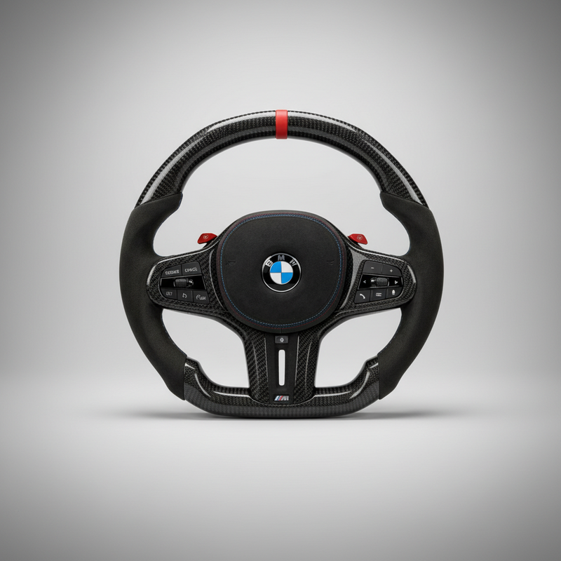 Volante BMW Alcantara de fibra de carbono brillante con rayas rojas y fondo plano para chasis G/F - Diseño exclusivo de CARBONE para F90 M5 M8 X5 X6 M850i ​​M840i M550 M540i 