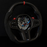 BMW Alcantara Flat Bottom Black N Red Gloss Carbon Fiber Steering Wheel for G/F Chassis- CARBONE Signature Design for F90 M5 M8 X5 X6 M850i M840i M550I M540i