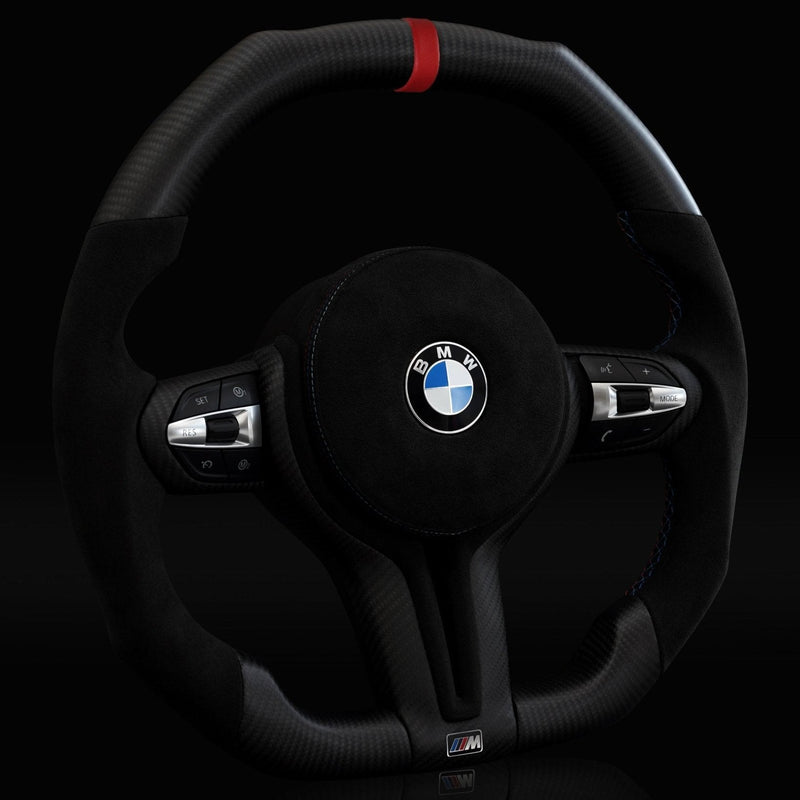 CARBONEBMW Alcantara Flat Bottom Black N Red Matte Dry Carbon Fiber Steering Wheel for F Chassis - CARBONE Signature Design for F30 F32 F80 F82 M3 M4 M2 335i 340i 328i 440i 435iCarbon Fiber Steering Wheel