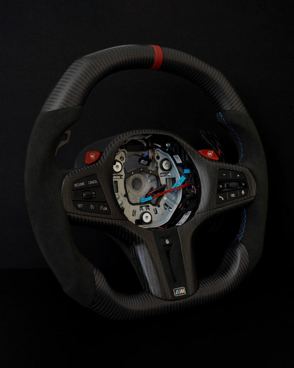 CARBONEBMW Alcantara Flat Bottom Black N Red Matte Dry Carbon Fiber Steering Wheel for G/F Chassis - CARBONE Signature Design for G20 G30 G80 G82 G87 M2 M3 M4 M2 M340iCarbon Fiber Steering Wheel